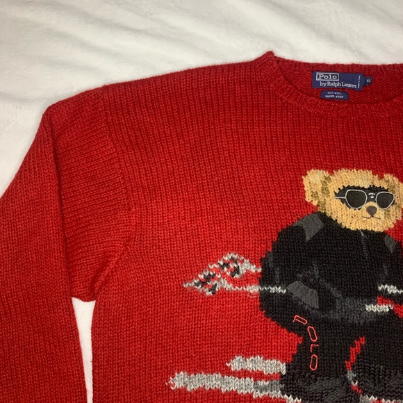 Rare Polo Ralph Lauren Hand Knit Wool Ski Polo Bear 94’ Red Sweater XL - Picture 6 of 10